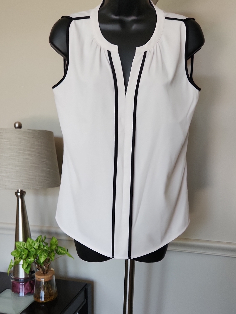 Calvin Klein White Sleeveless Blouse with Black Trim